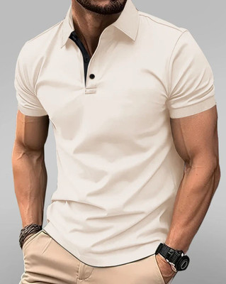 EyeBogler Solid Men Polo Neck Beige T-Shirt