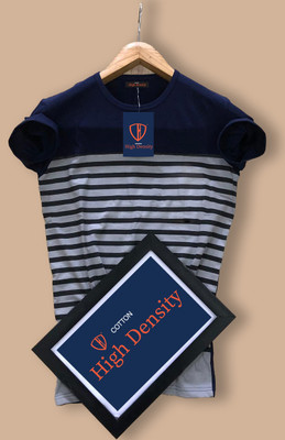 cotton high density Striped Men Scoop Neck Navy Blue T-Shirt