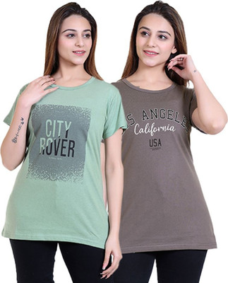RG BY SS CLOTHING Printed Women Round Neck Light Green, Brown T-Shirt