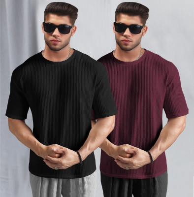 TRIPR Solid Men Round Neck Black, Maroon T-Shirt