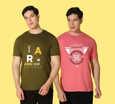 WOOSTRO Printed Men Round Neck Dark Green, Pink T-Shirt