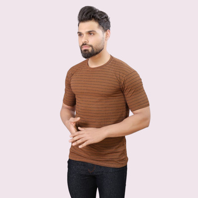 METRONAUT Striped Men Round Neck Brown T-Shirt