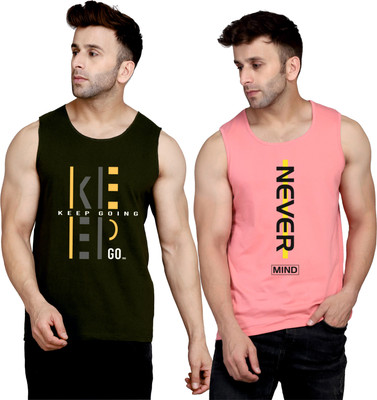 SLOWLORIS Printed Men Round Neck Dark Green, Pink T-Shirt
