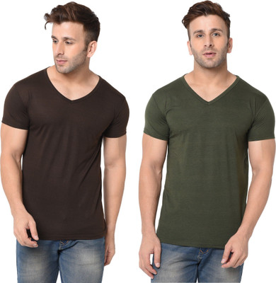 Adorbs Trend Solid Men V Neck Dark Green, Brown T-Shirt