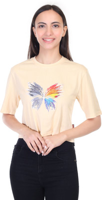 ROYAL LIYO Printed Women Round Neck Beige T-Shirt