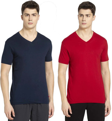 JOCKEY Solid Men V Neck Dark Blue, Red T-Shirt