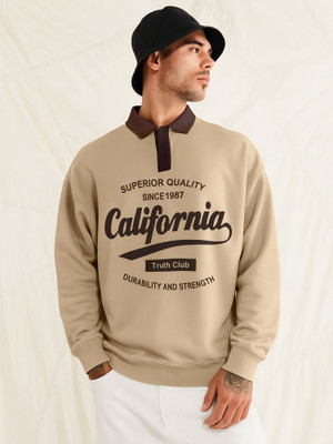 Jump Cuts Printed Men Polo Neck Beige T-Shirt