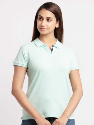 Status Quo Solid Women Polo Neck Green T-Shirt
