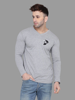 Trendfull Printed Men V Neck Silver T-Shirt