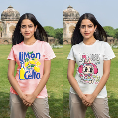 Parona Printed Women Round Neck Pink, White T-Shirt