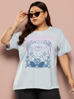 Sztori Printed Women Round Neck Blue T-Shirt