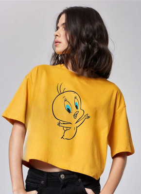 SPOWEARY Printed Women Round Neck Yellow T-Shirt