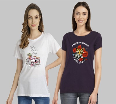 METRONAUT Printed Women Round Neck White, Purple T-Shirt