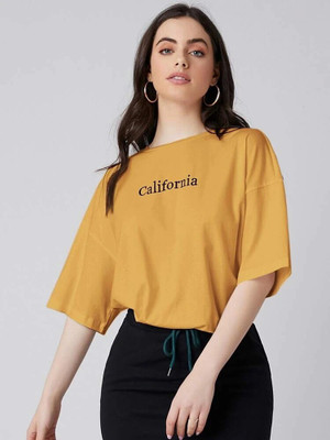SPOWEARY Printed Women Round Neck Yellow T-Shirt
