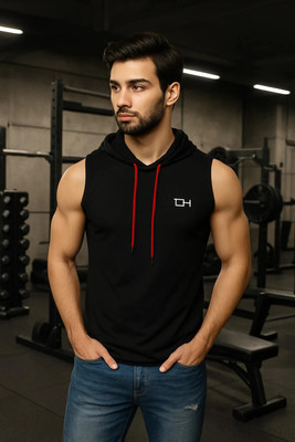 TQH Solid Men Hooded Neck Black T-Shirt