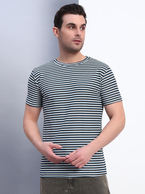 METRONAUT Striped Men Round Neck Blue T-Shirt