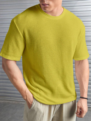 boombaam Self Design Men Round Neck Yellow T-Shirt