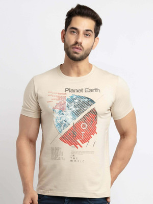 Status Quo Solid Men Round Neck Beige T-Shirt