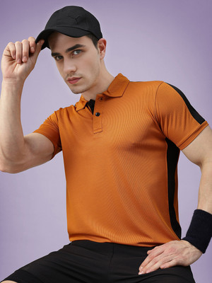 Adrenex Solid Men Polo Neck Orange T-Shirt