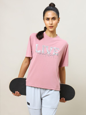 TECHNOSPORT Typography Women Round Neck Pink T-Shirt