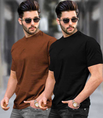 utalus Solid Men Round Neck Brown, Black T-Shirt