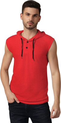 GEUM Solid Men Hooded Neck Red T-Shirt