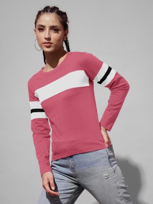 THE DRY STATE Colorblock Women Round Neck Pink, White T-Shirt