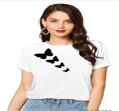 SAHAL Printed Women Round Neck White T-Shirt