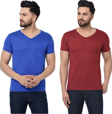 Tresna Trendy Solid Men V Neck Blue, Maroon T-Shirt