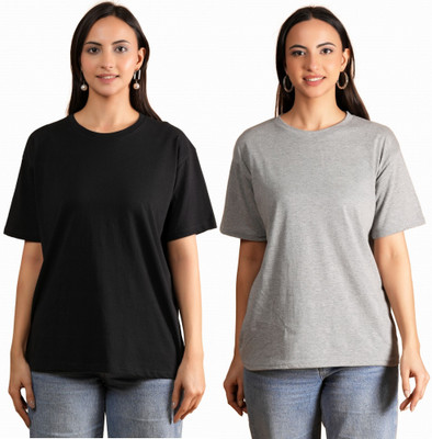 METRONAUT Solid Women Round Neck Black, Grey T-Shirt