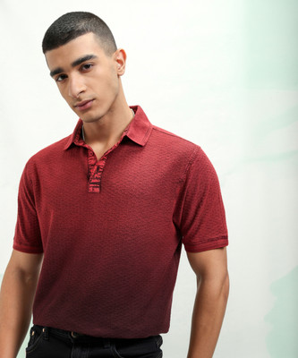 HIGHLANDER Self Design Men Polo Neck Black, Maroon T-Shirt