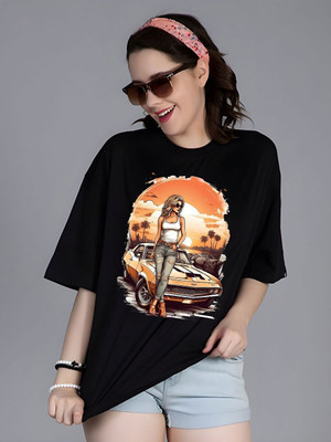 Moda Rapido Graphic Print Women Round Neck Black T-Shirt