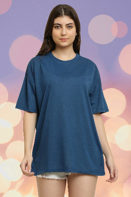 CANIDAE Solid Women Round Neck Light Blue T-Shirt