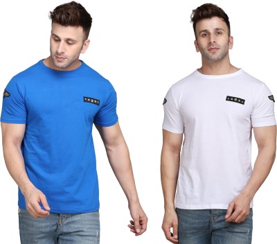 Money Leaf Solid Men Round Neck White, Blue T-Shirt