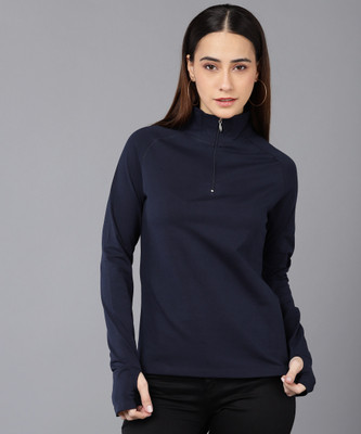 METRONAUT Solid Women High Neck Navy Blue T-Shirt