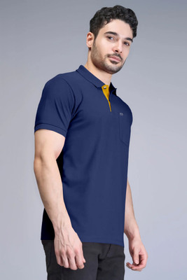 Triptee Solid Men Polo Neck Navy Blue T-Shirt