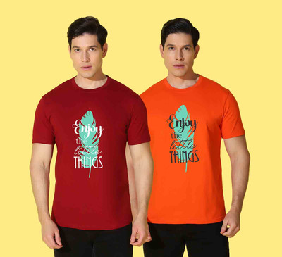 WOOSTRO Printed Men Round Neck Orange, Maroon T-Shirt