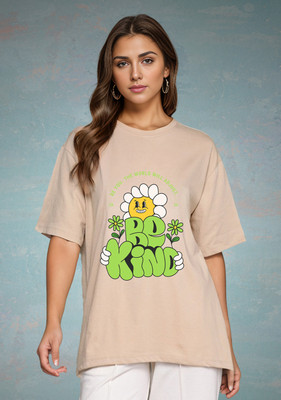 SLENOR Graphic Print Women Round Neck Beige T-Shirt