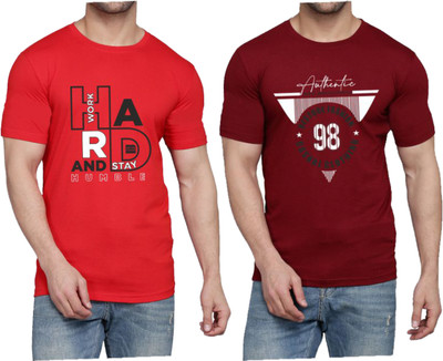 WOOSTRO Printed Men Round Neck Red, Maroon T-Shirt