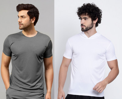UDI n ADI Solid Men Round Neck Grey, White T-Shirt