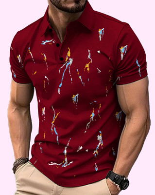 ENITOR Printed Men Polo Neck Maroon T-Shirt
