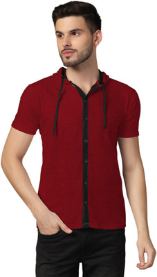 GEUM Solid Men Hooded Neck Maroon T-Shirt