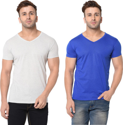 Tresna Trendy Solid Men V Neck Blue, Grey T-Shirt