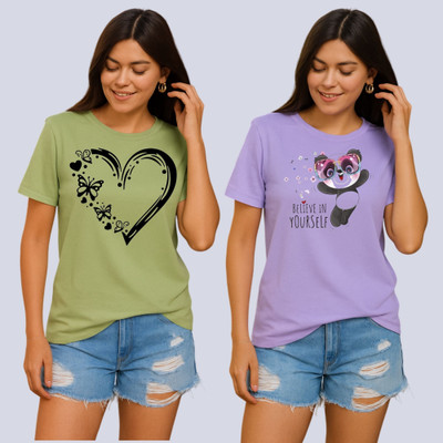 Lecowar Graphic Print Women Round Neck Green, Purple T-Shirt