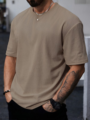 KEX Self Design Men Round Neck Beige T-Shirt