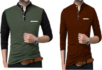 vescor Solid Men Mandarin Collar Dark Green, Maroon T-Shirt
