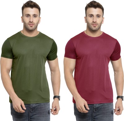 Renowned Solid Men Round Neck Dark Green, Maroon T-Shirt