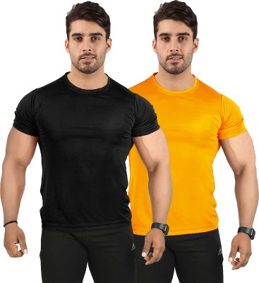 UDI n ADI Solid Men Round Neck Black, Yellow T-Shirt