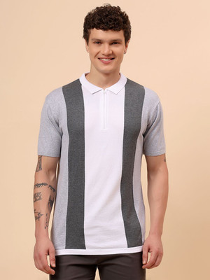 CANTABIL Striped Men Polo Neck Grey T-Shirt