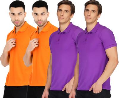 YUALIN CREATION Solid Men Polo Neck Orange, Purple T-Shirt